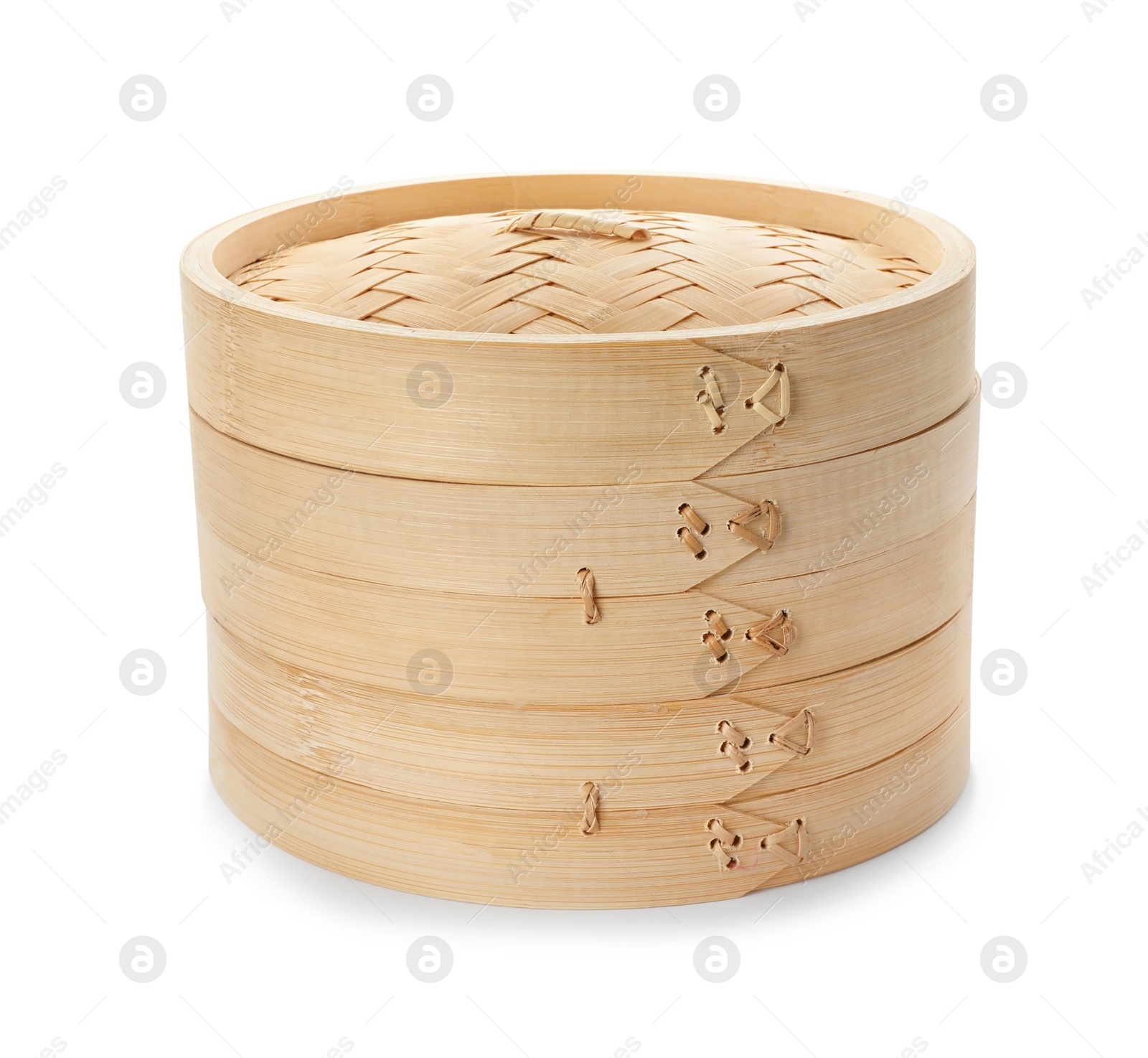 Photo of Steamer set made of bamboo on white background