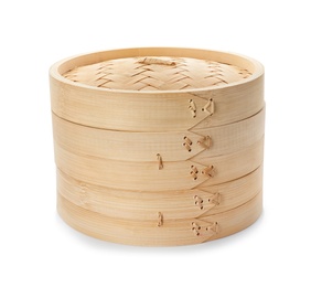 Photo of Steamer set made of bamboo on white background