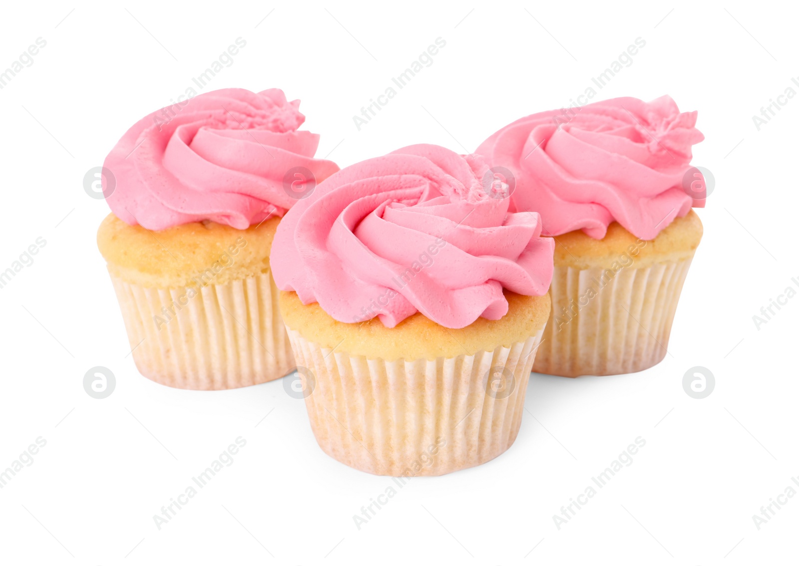 Photo of Delicious cupcakes with bright cream isolated on white