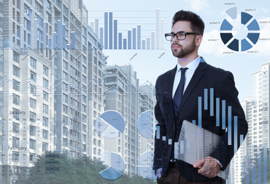 Image of Multiple exposure of businessman, scheme and cityscape. Trade concept