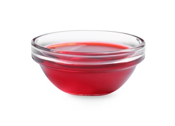 Photo of Glass bowl with red food coloring isolated on white