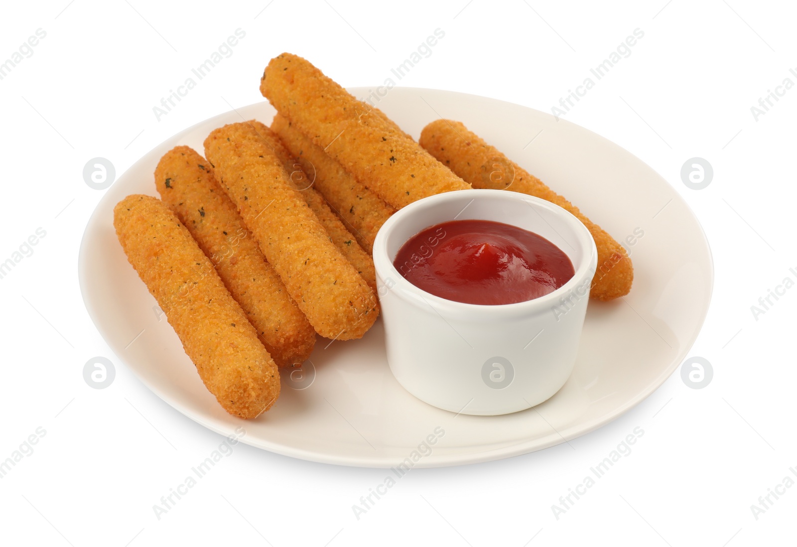 Photo of Tasty cheese sticks with ketchup isolated on white