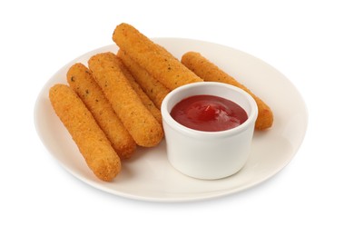 Tasty cheese sticks with ketchup isolated on white