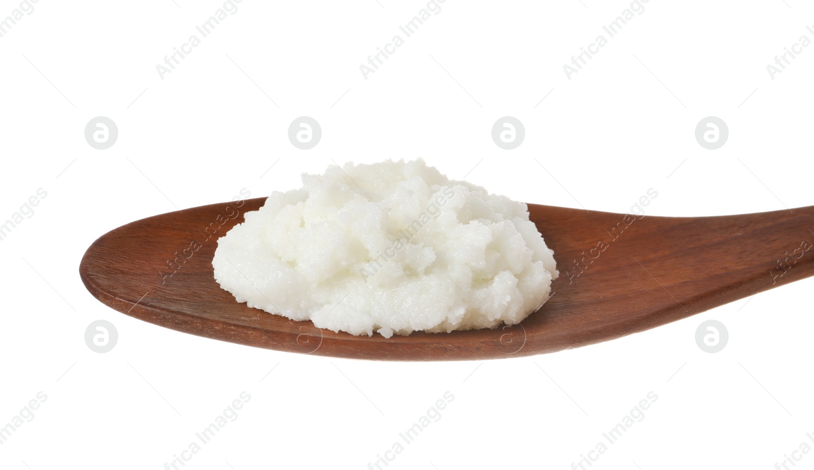 Photo of Shea butter in wooden spoon isolated on white