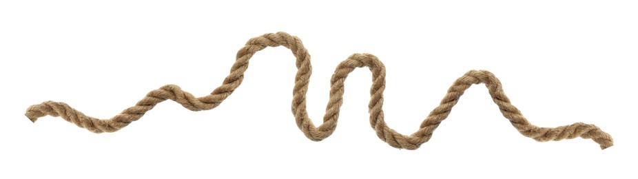 Durable hemp rope on white background, top view