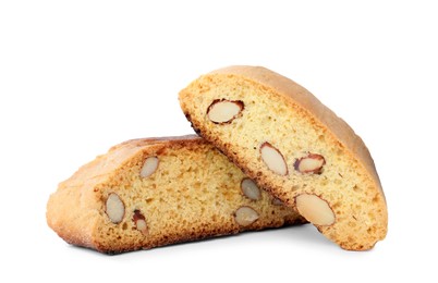 Slices of tasty cantucci on white background. Traditional Italian almond biscuits