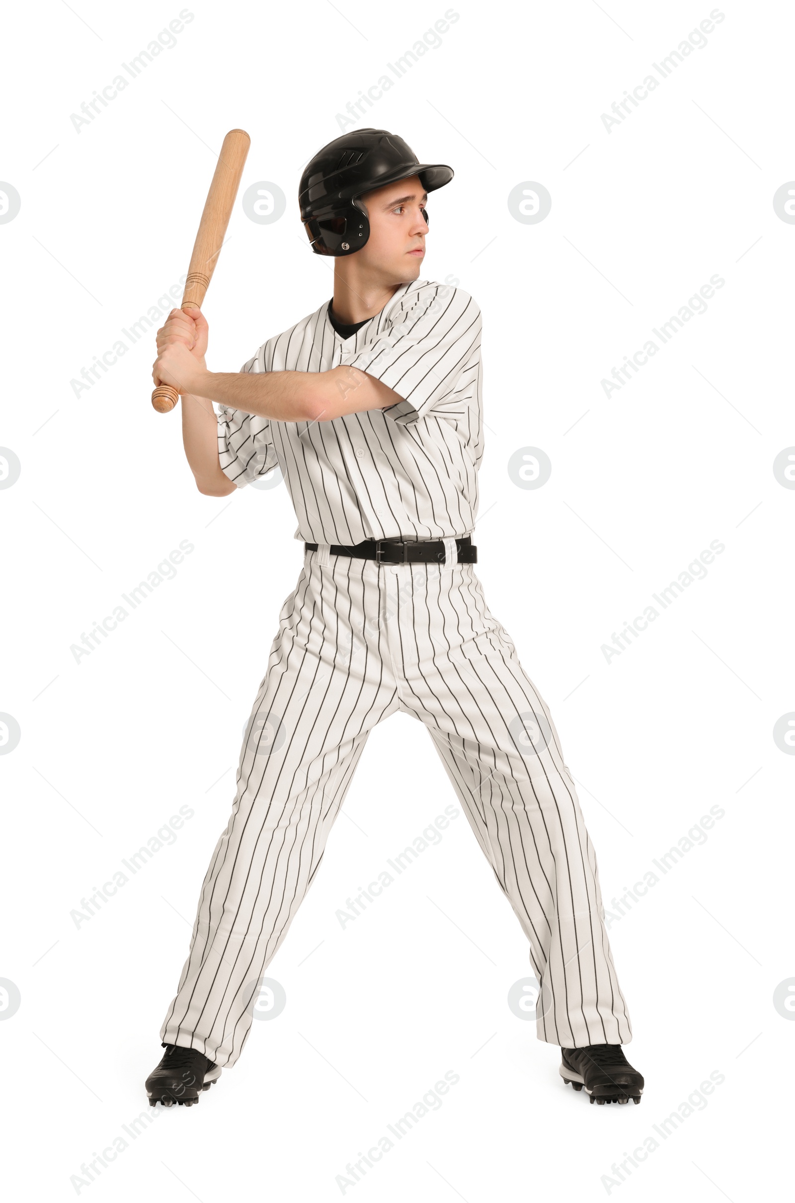 Photo of Baseball player taking swing with bat on white background