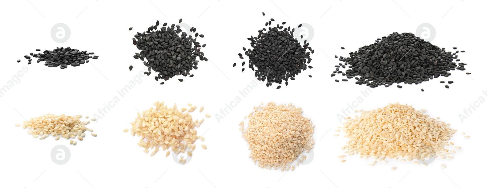 Image of Set with different sesame seeds on white background. top view. Banner design