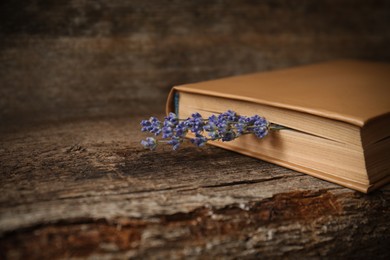 Photo of Closed book with beautiful dried flowers on wooden table, closeup. Space for text