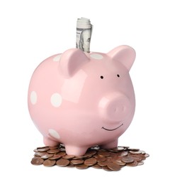 Photo of Piggy bank with money on white background