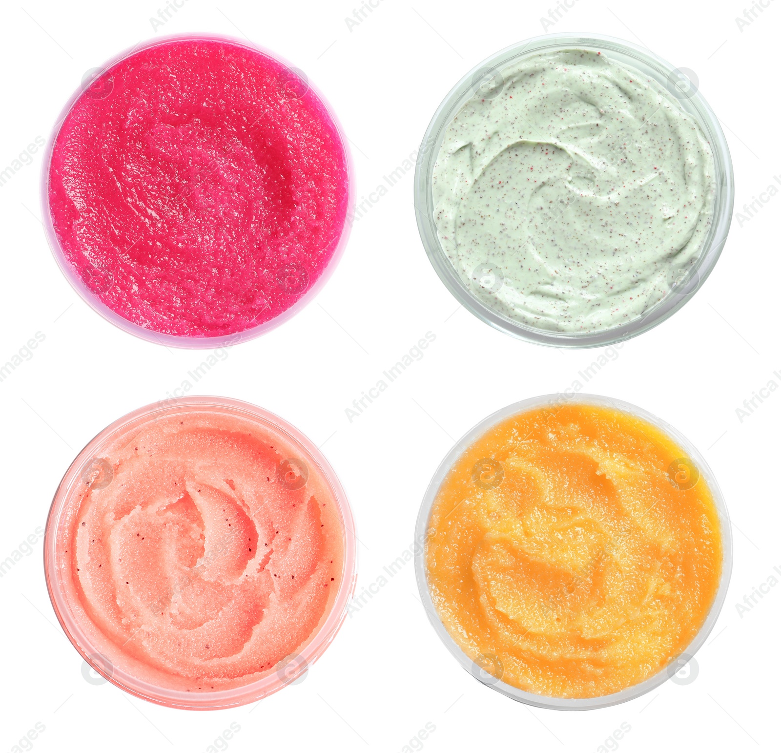 Image of Set of containers with different natural scrubs on white background, top view