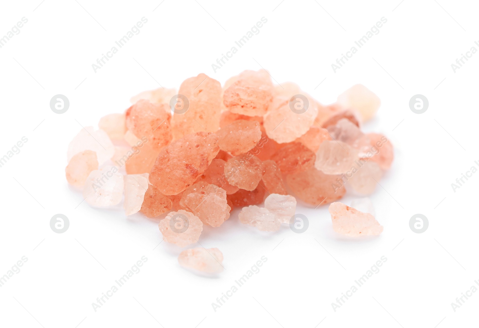 Photo of Pile of pink himalayan salt isolated on white