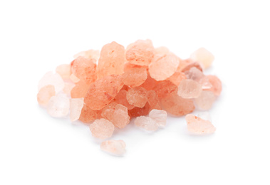 Photo of Pile of pink himalayan salt isolated on white