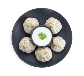 Photo of Tasty khinkali (dumplings) with sauce and spices isolated on white, top view. Georgian cuisine