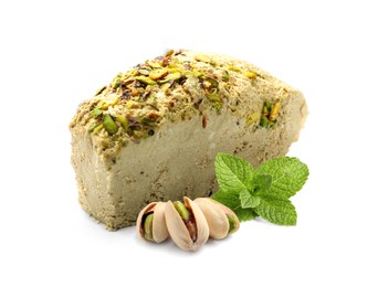 Image of Tasty halva, pistachio nuts and mint isolated on white