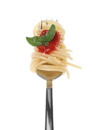 Fork with tasty pasta, basil and tomato sauce isolated on white