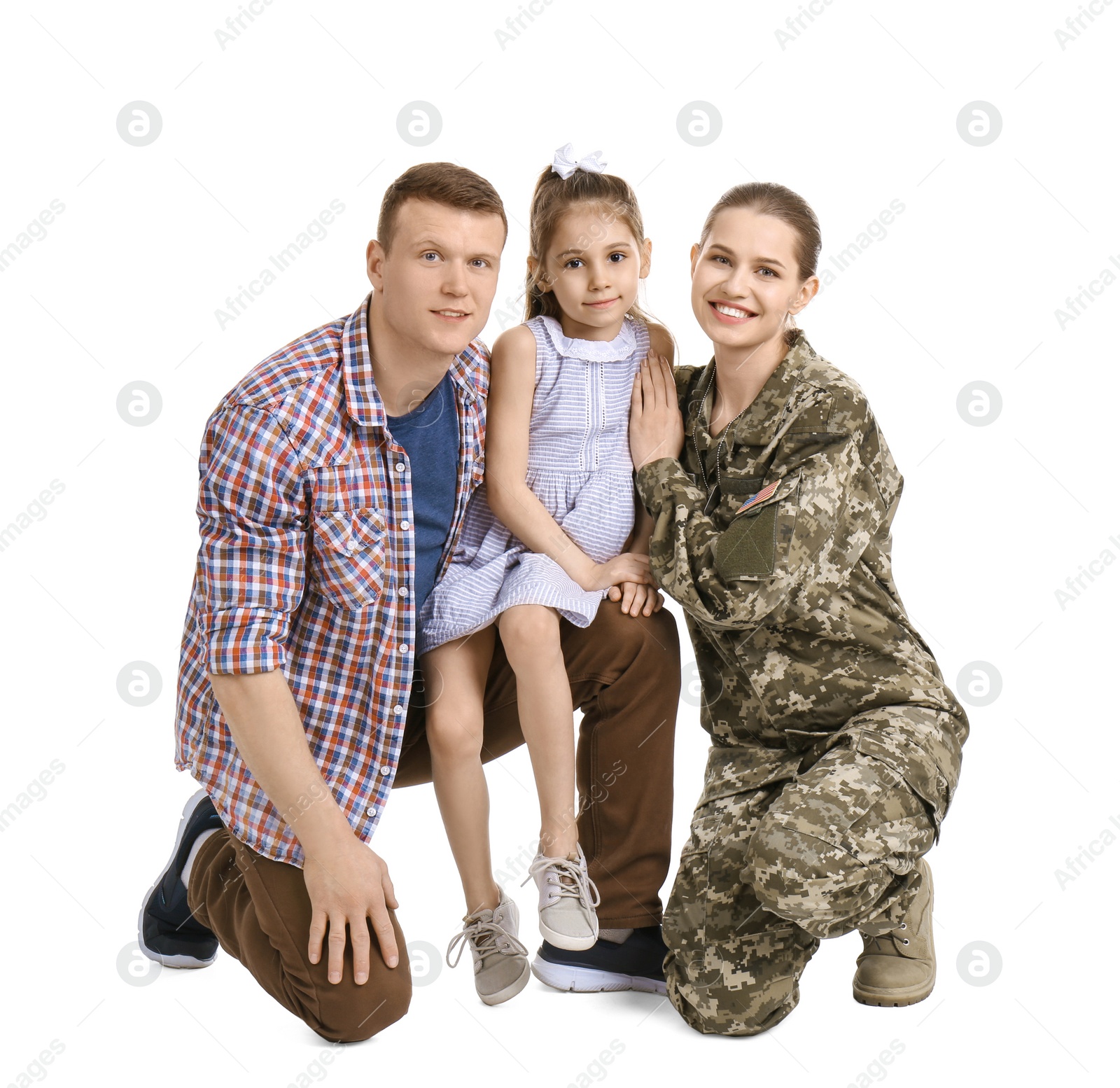 Photo of Female soldier with her family on white background. Military service