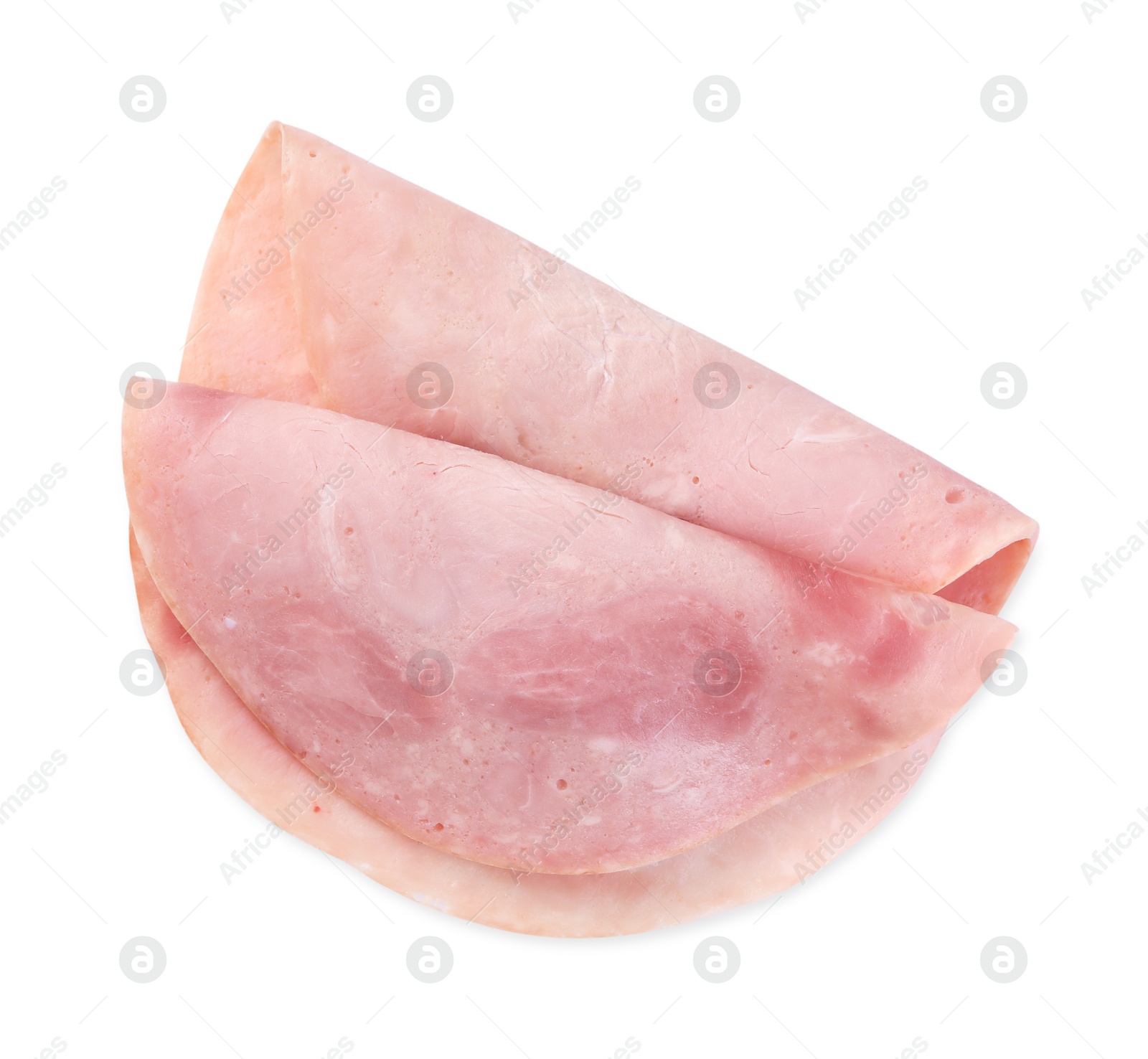 Photo of Slices of tasty ham isolated on white, top view