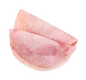 Photo of Slices of tasty ham isolated on white, top view