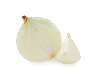 Pieces of fresh onion on white background