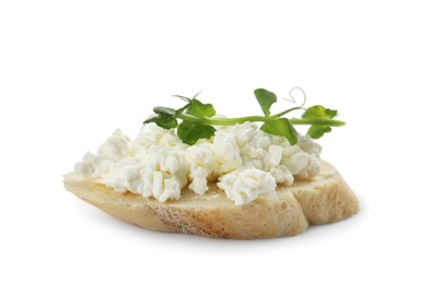Photo of Bread with cottage cheese and microgreens on white background