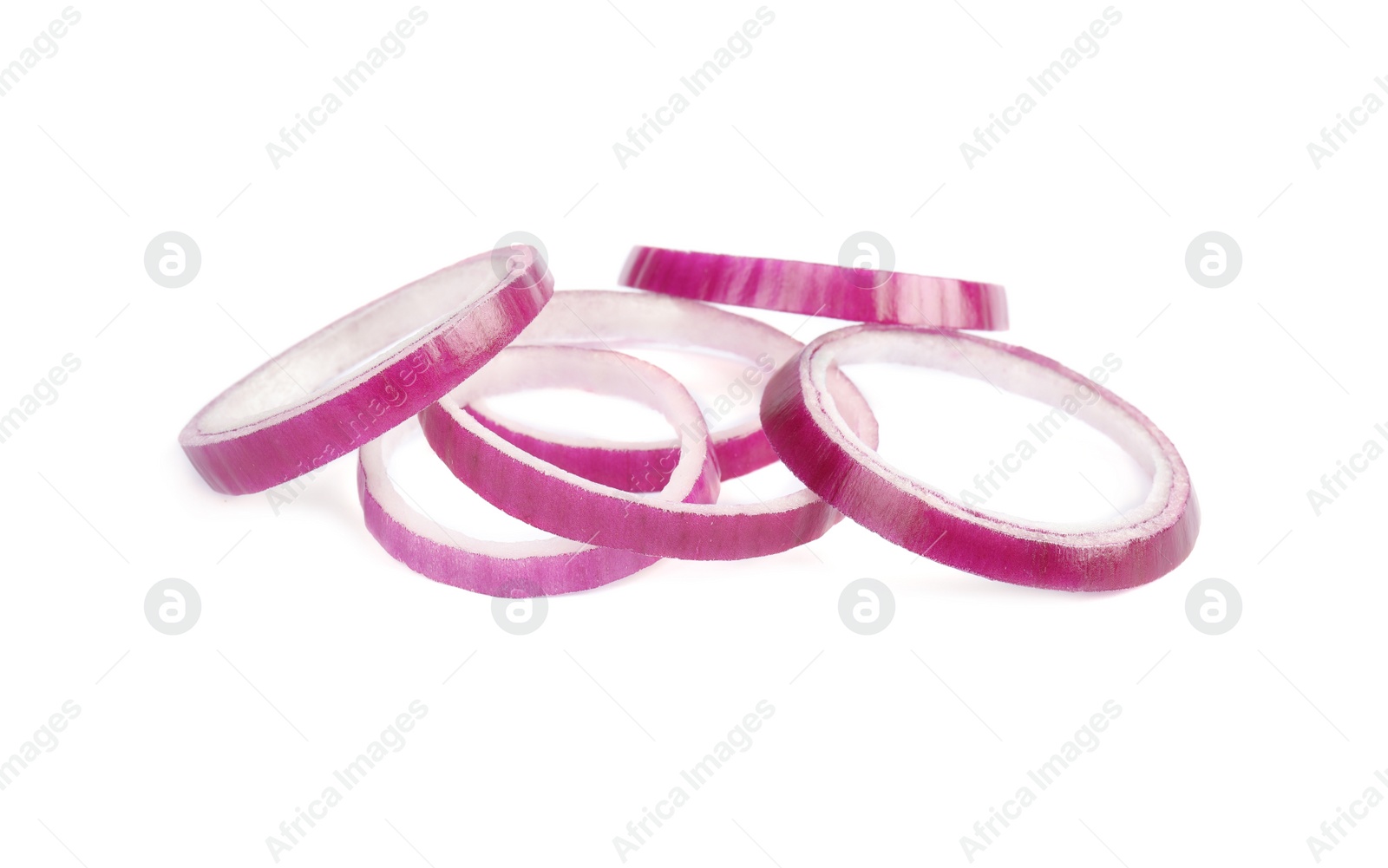 Photo of Sliced red onion rings on white background