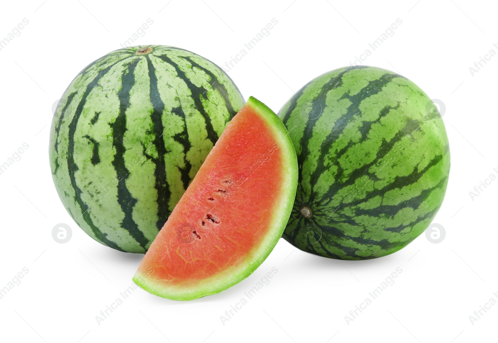 Photo of Delicious cut and whole ripe watermelons isolated on white