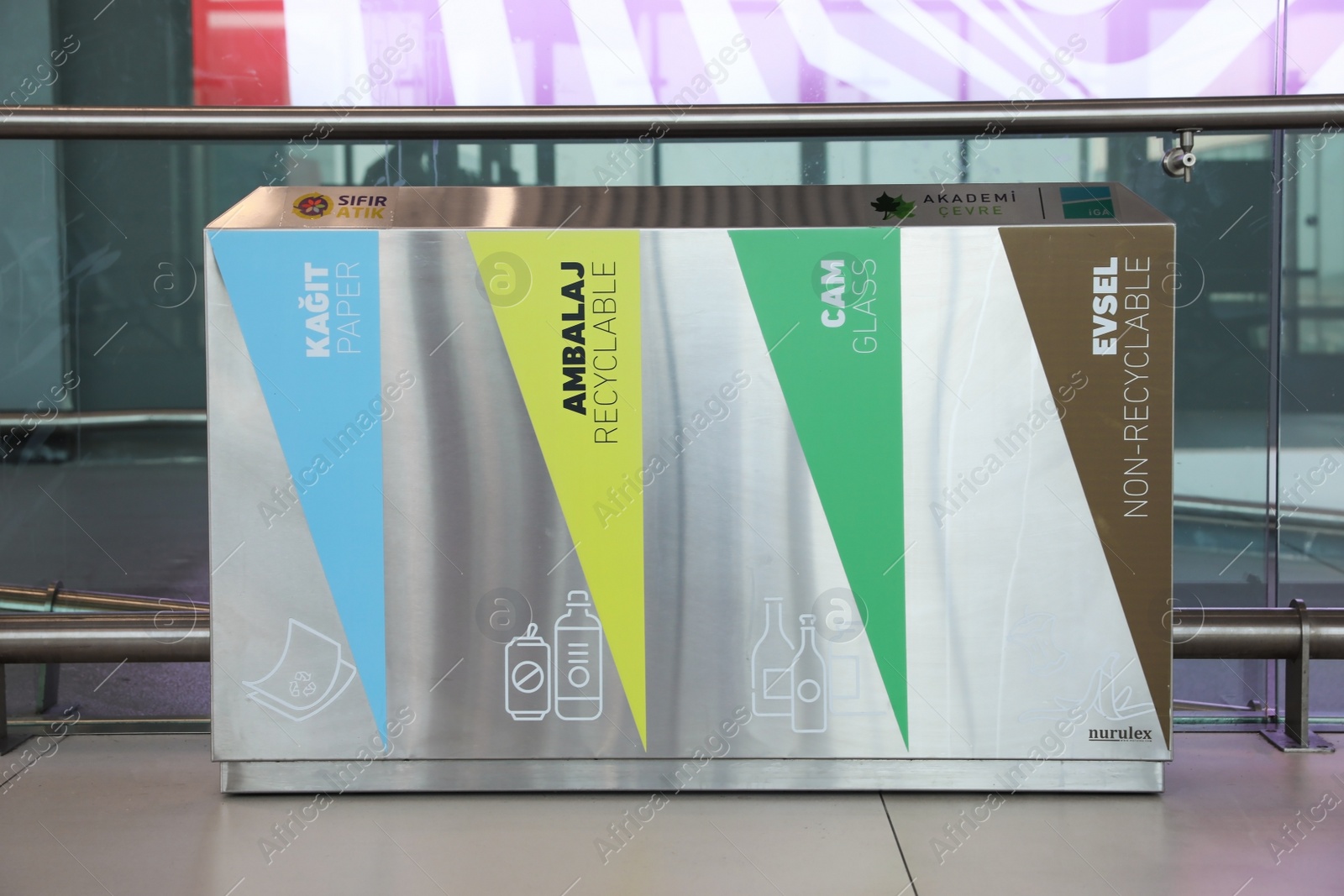 Photo of ISTANBUL, TURKEY - AUGUST 13, 2019: Trash bins in new airport terminal