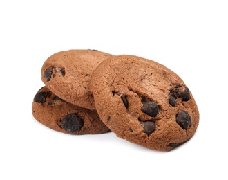 Delicious chocolate chip cookies on white background