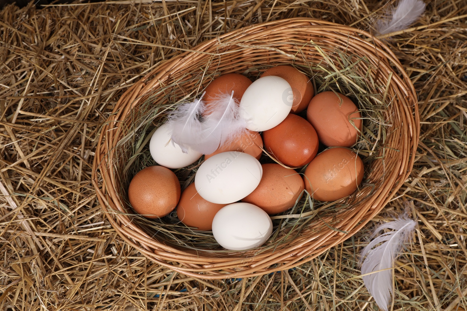 Photo of Fresh chicken eggs in wicker basket on dried straw, top view