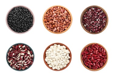 Image of Different raw kidney beans in bowls isolated on white, top view