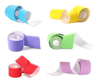 Set with different color kinesio tapes on white background