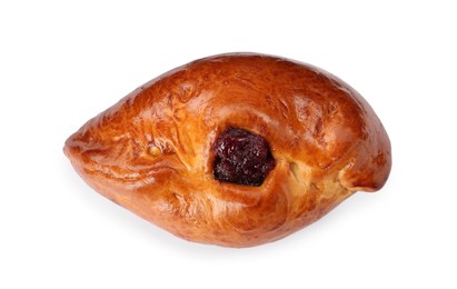 Photo of Delicious baked patty with cherry on white background, top view