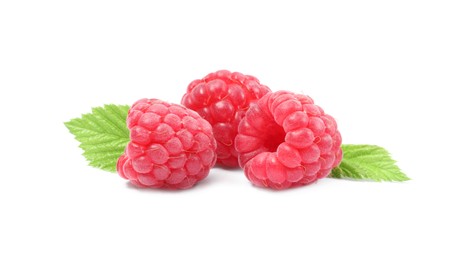 Photo of Fresh ripe raspberries and green leaves isolated on white