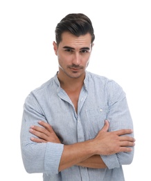 Photo of Portrait of handsome young man on white background