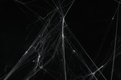 Photo of Creepy white cobweb on black background, closeup