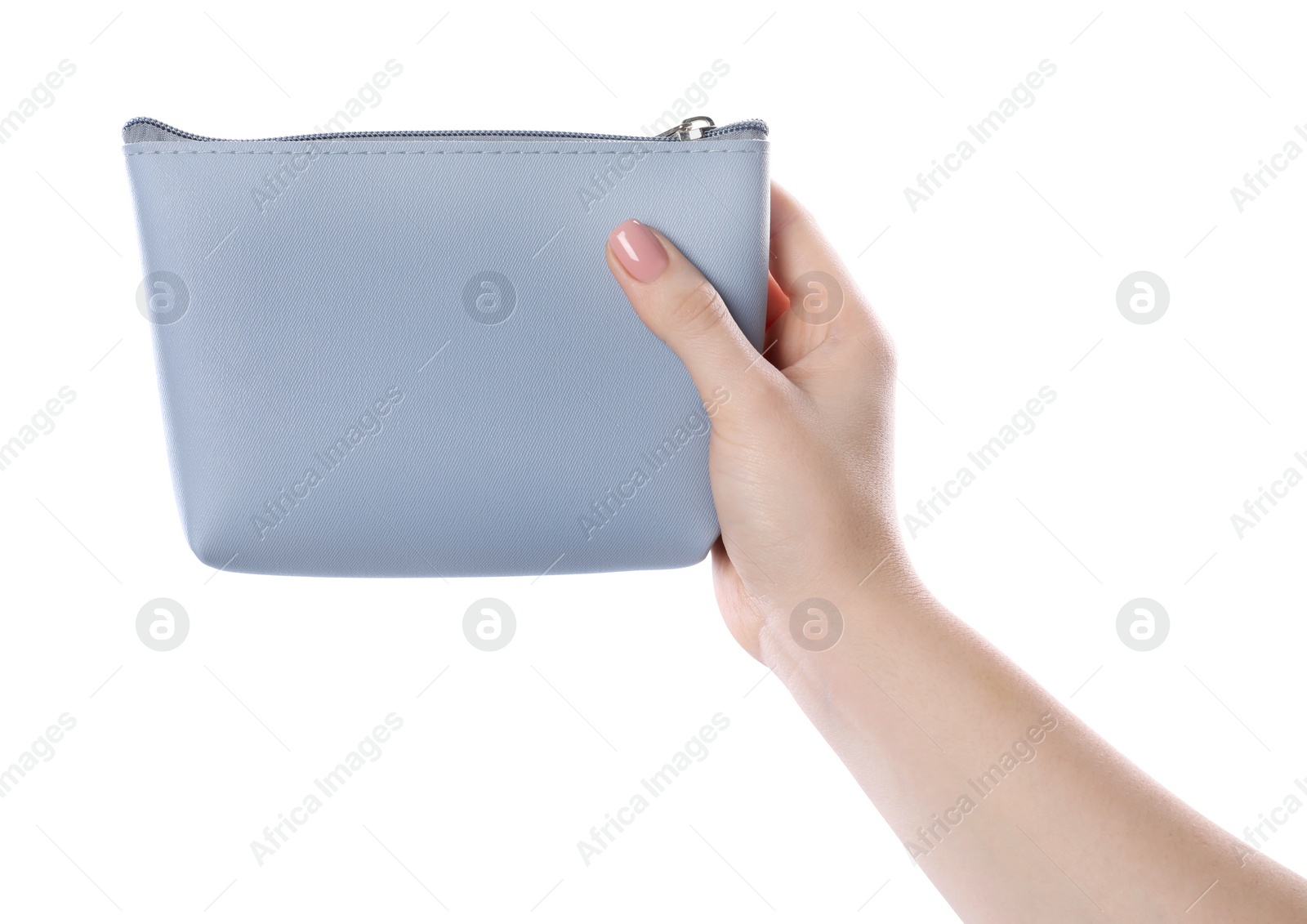 Photo of Woman with cosmetic bag isolated on white, closeup