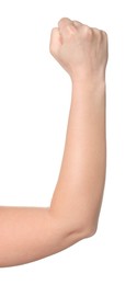 Photo of Playing rock, paper and scissors. Woman showing fist on white background, closeup