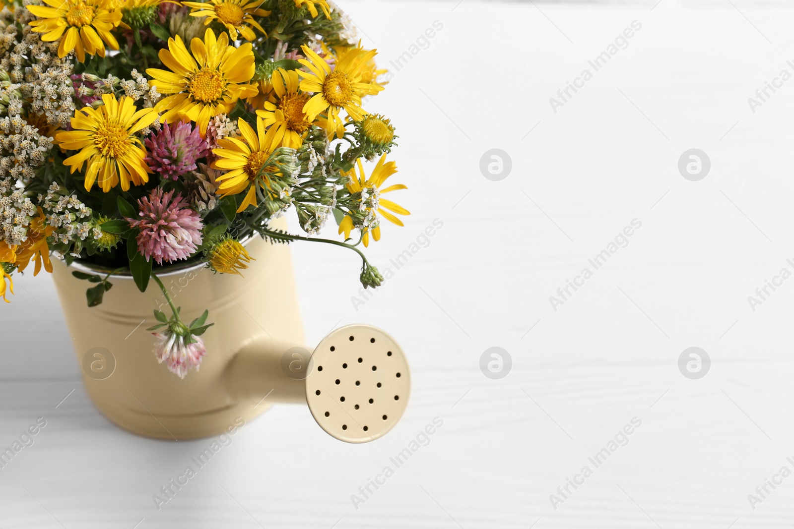 Photo of Beautiful bouquet of bright wildflowers in watering can on white wooden table, closeup. Space for text