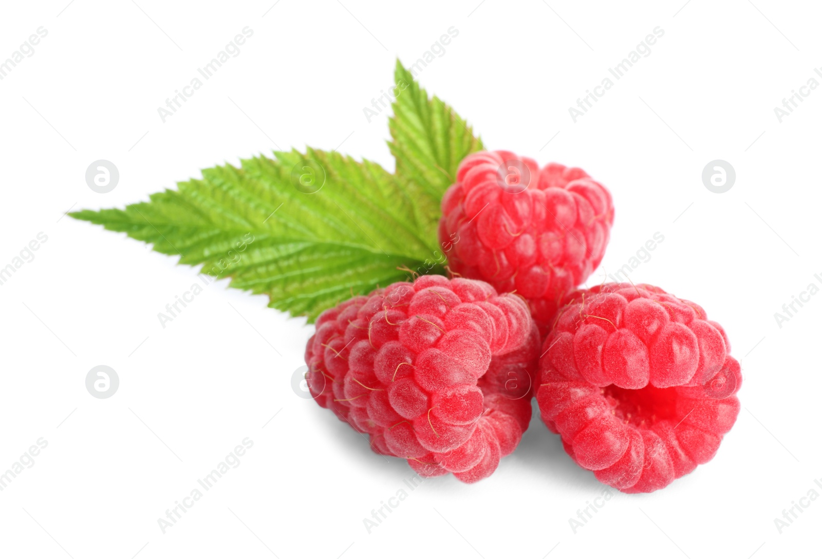 Photo of Delicious ripe sweet raspberries with leaves isolated on white