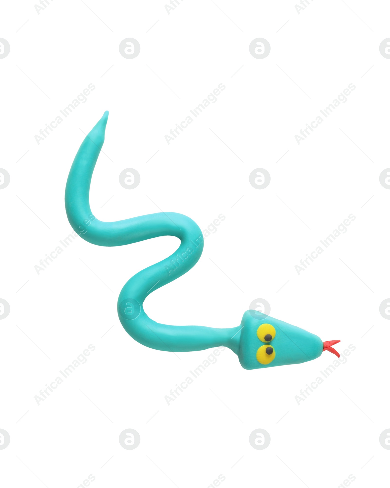 Photo of Turquoise plasticine snake isolated on white, top view