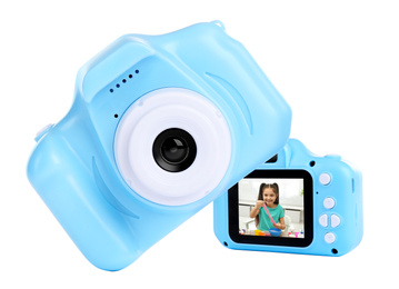 Image of Blue toy cameras on white background in collage, one with photo of cute little girl making slime 