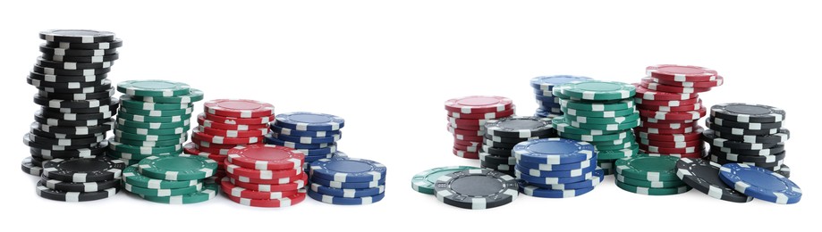 Image of Set with stacks of different casino chips on white background, banner design. Poker game