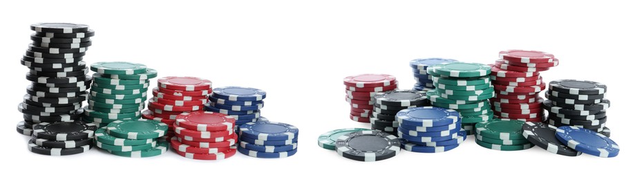 Image of Set with stacks of different casino chips on white background, banner design. Poker game