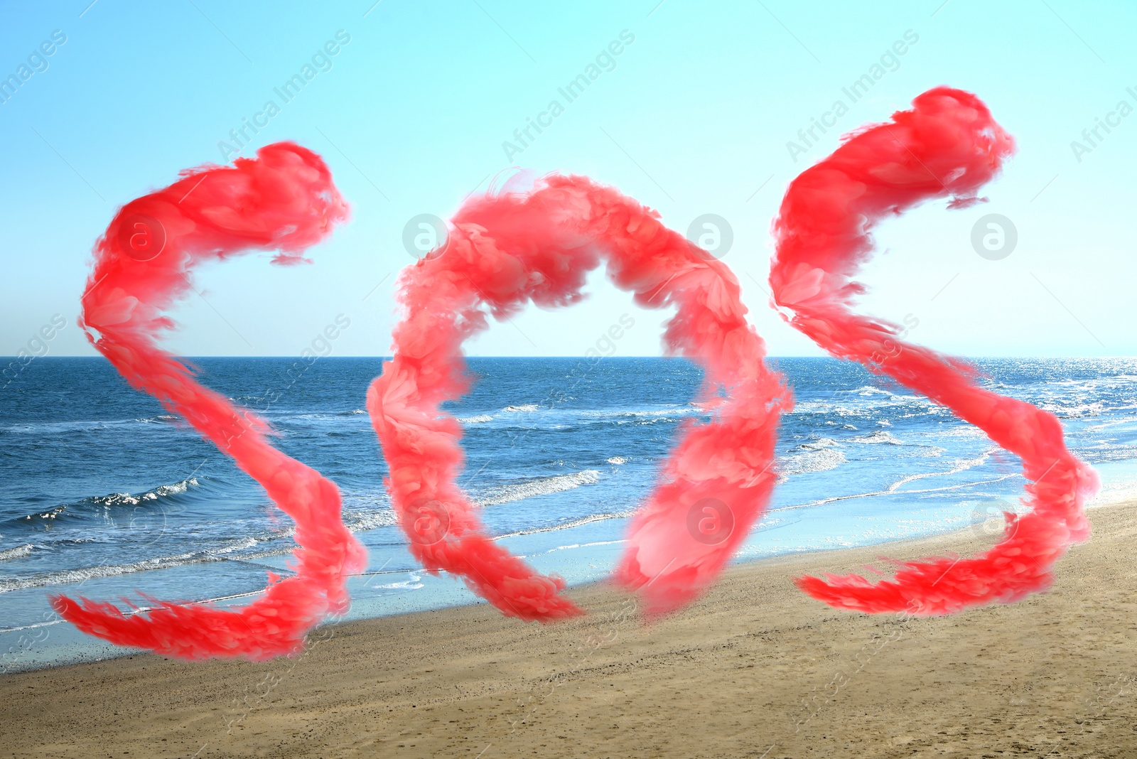 Image of Word SOS made of red smoke and view of seashore