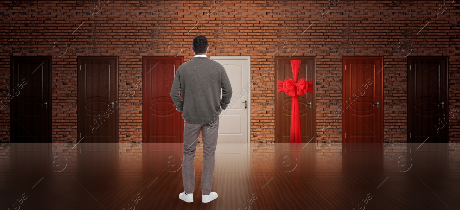 Image of Man standing in front of many doors, back view. Banner design