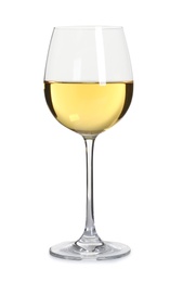 Glass of delicious expensive wine on white background