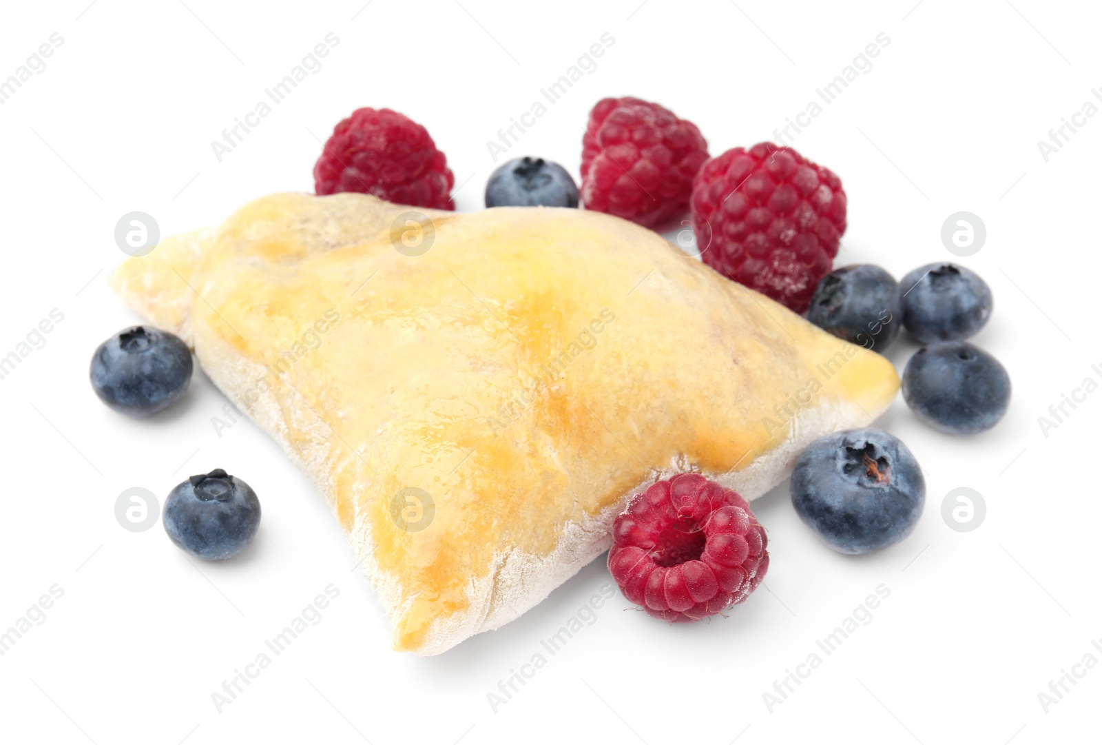 Photo of Delicious samosa with berries isolated on white