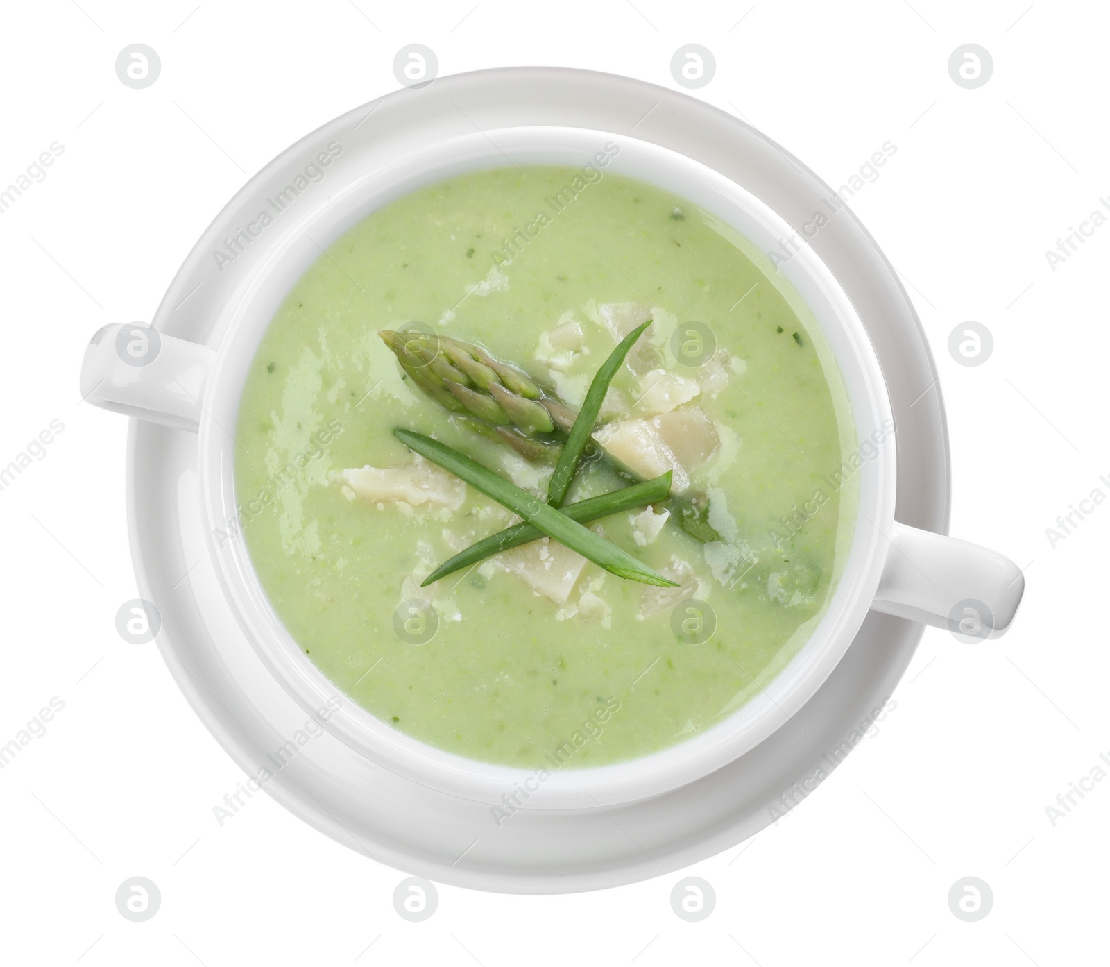 Photo of Delicious asparagus soup with green onion on white background, top view