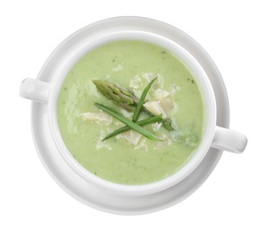 Delicious asparagus soup with green onion on white background, top view